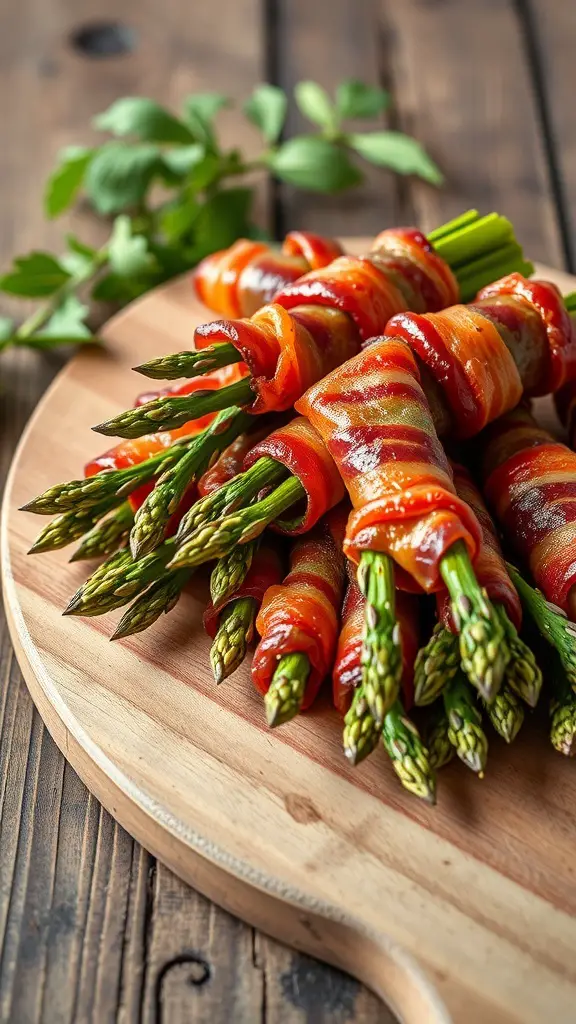 A wooden platter with bundles of bacon-wrapped asparagus, garnished with herbs.