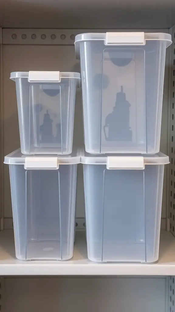 Stack of clear plastic storage boxes in various sizes on a shelf