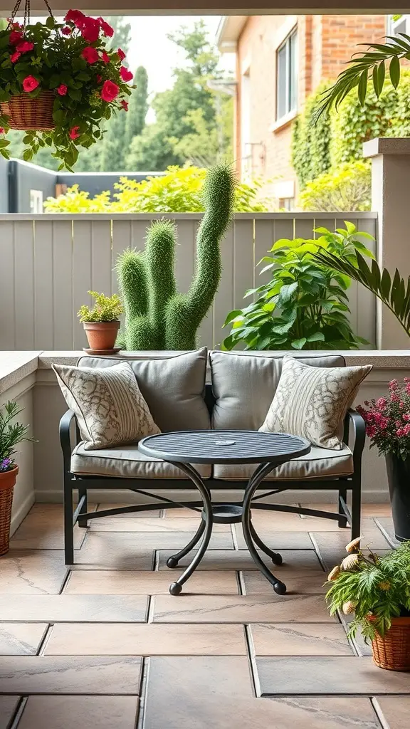 Cozy love seat arrangement on a patio with plants and flowers.