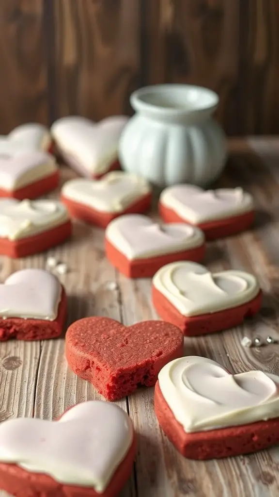 Red velvet heart-shaped cookies with white icing on a wooden table