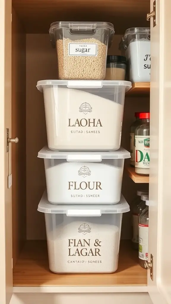 Organized kitchen cupboard with stackable storage bins for sugar, flour, and other bulk items.