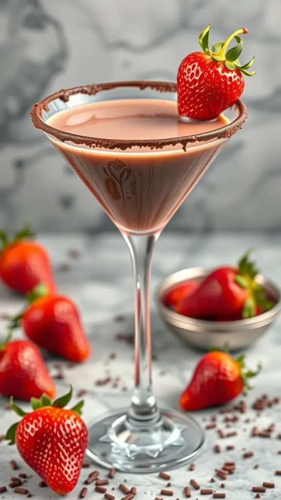A Chocolate-Covered Strawberry Martini garnished with a strawberry, surrounded by fresh strawberries and chocolate sprinkles.