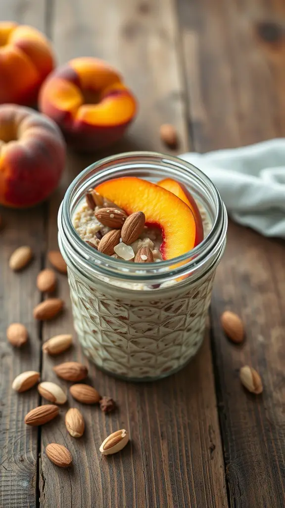 A jar of peach and almond overnight oats topped with peach slices and almonds, with fresh peaches in the background.