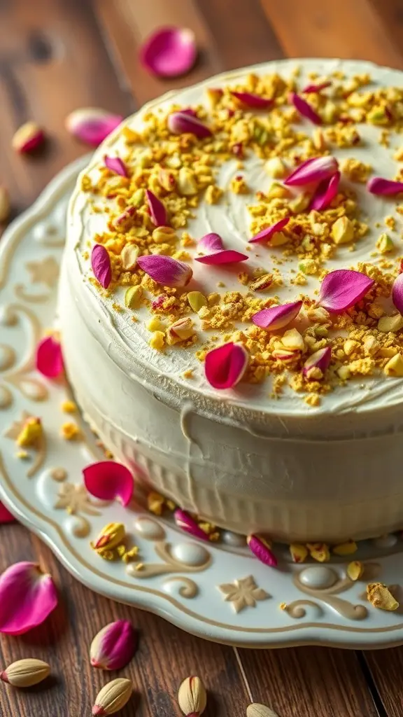 A beautifully decorated pistachio rose water cake topped with crushed pistachios and rose petals.