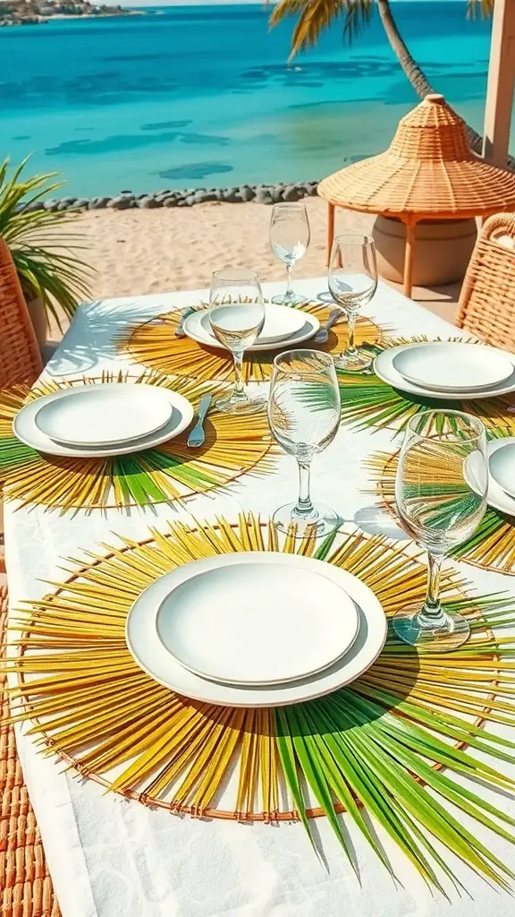 A beautifully set table with palm frond table mats, white plates, and glasses, overlooking a beach.