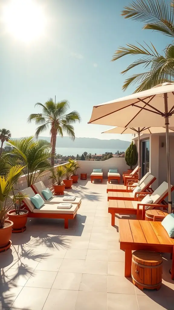 A bright and inviting lounge area on a balcony with wooden loungers, potted plants, and umbrellas under a sunny sky.