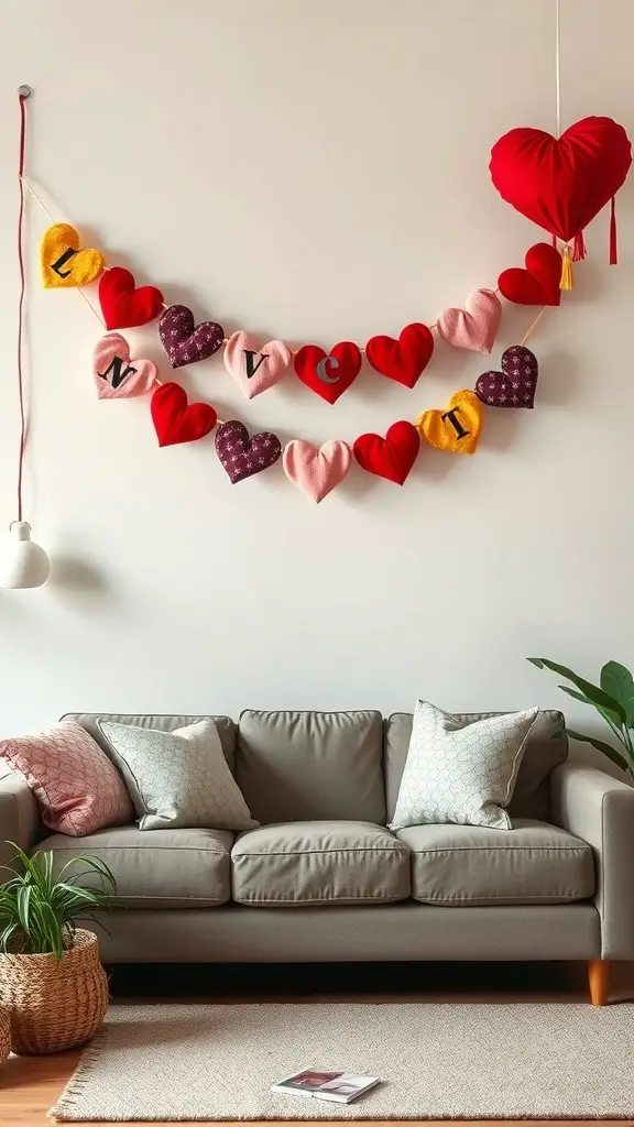 Colorful fabric heart banners hanging on a wall