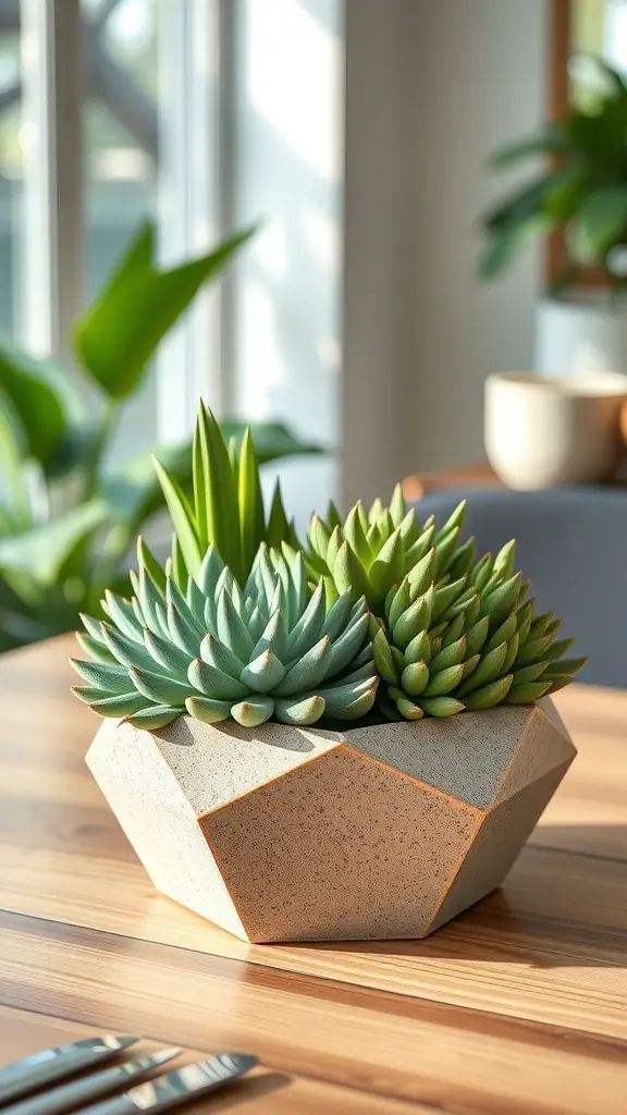 A geometric pot filled with various succulents on a wooden table.