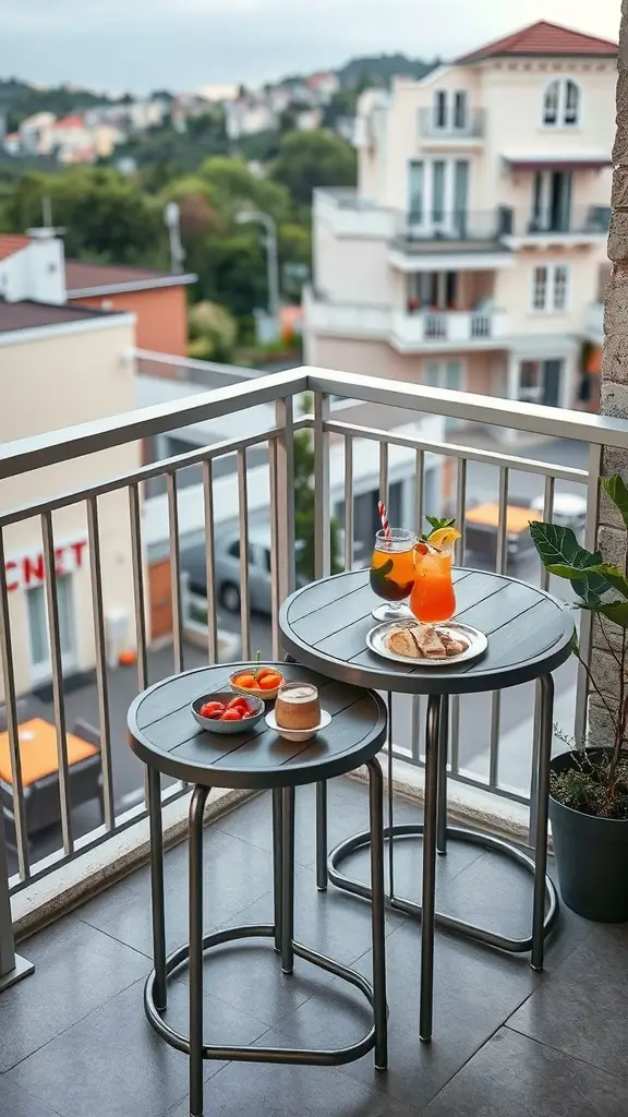 A small balcony featuring nesting tables with drinks and snacks.