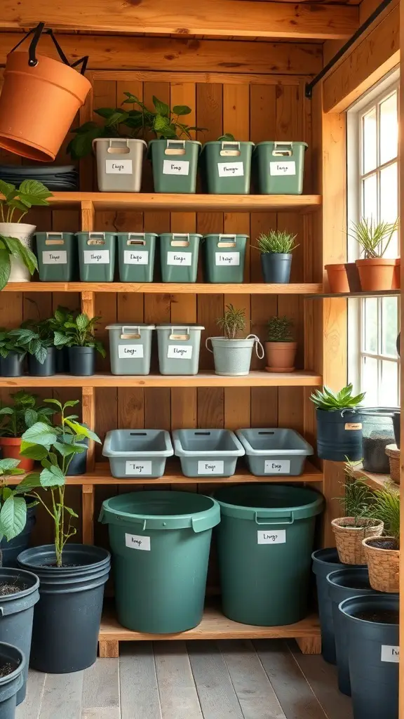 Organized potting shed with labeled containers and plants on shelves
