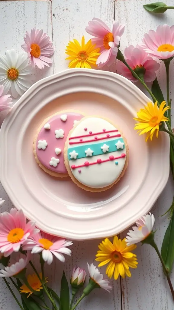 Decorated Easter egg sugar cookies on a pink plate surrounded by flowers