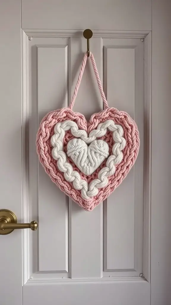A pink and white knitted heart door hanger with a braided design, hanging on a door.