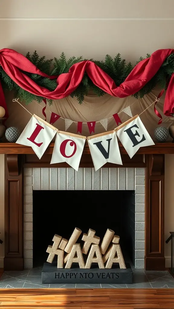 A DIY love banner hanging above a fireplace, decorated with red fabric and greenery.