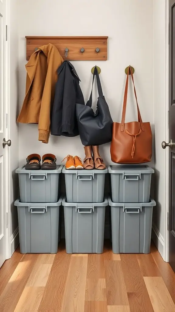 Organized entryway with plastic bins for storage and wall hooks for coats and bags.