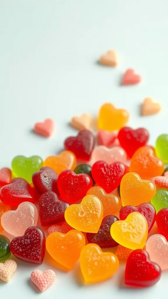 Colorful fruit-flavored jelly hearts in various shapes and sizes.