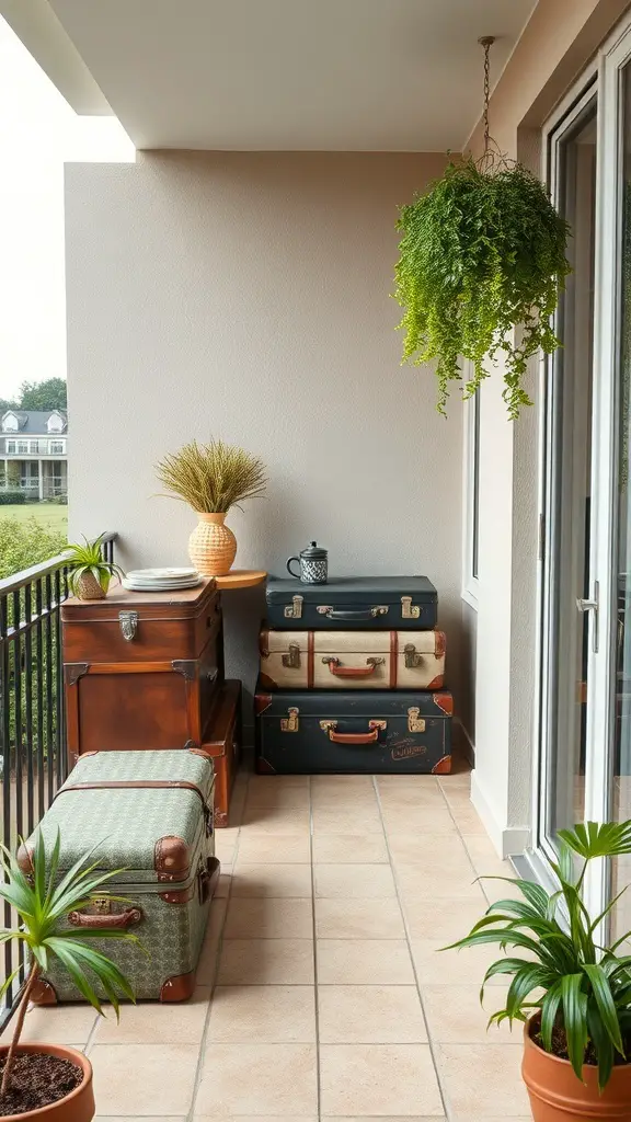 29+ Creative Balcony Storage Ideas 12 A balcony featuring vintage suitcases used for storage and decoration.