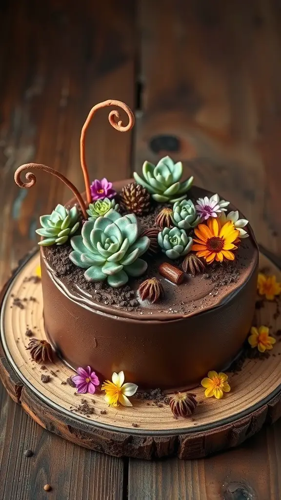 A beautifully decorated chocolate cake topped with succulent plants and colorful flowers.