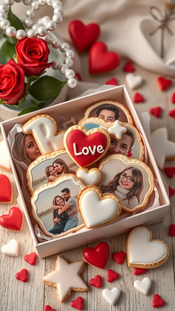 27+ Creative Sweet Box Ideas for Valentine's Day 14 A box of customized photo cookies with heart shapes and personal images, surrounded by decorative hearts and roses.