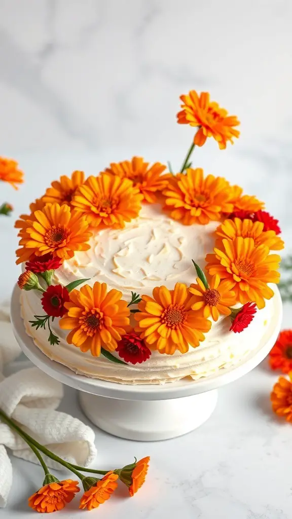 A beautiful marigold and almond cake decorated with bright orange marigold flowers.