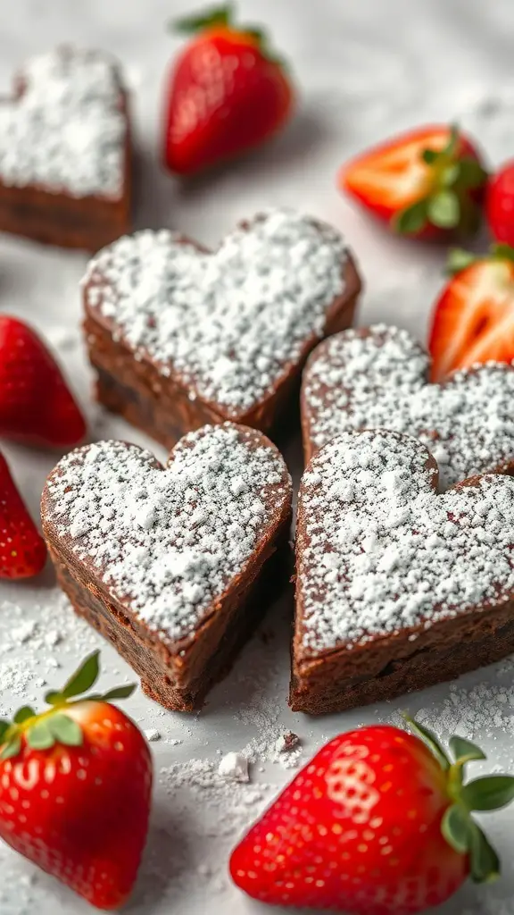 29+ Delightful Valentine's Day Treats to Share with Your Loved One 15 Heart-shaped brownies dusted with powdered sugar, surrounded by fresh strawberries.