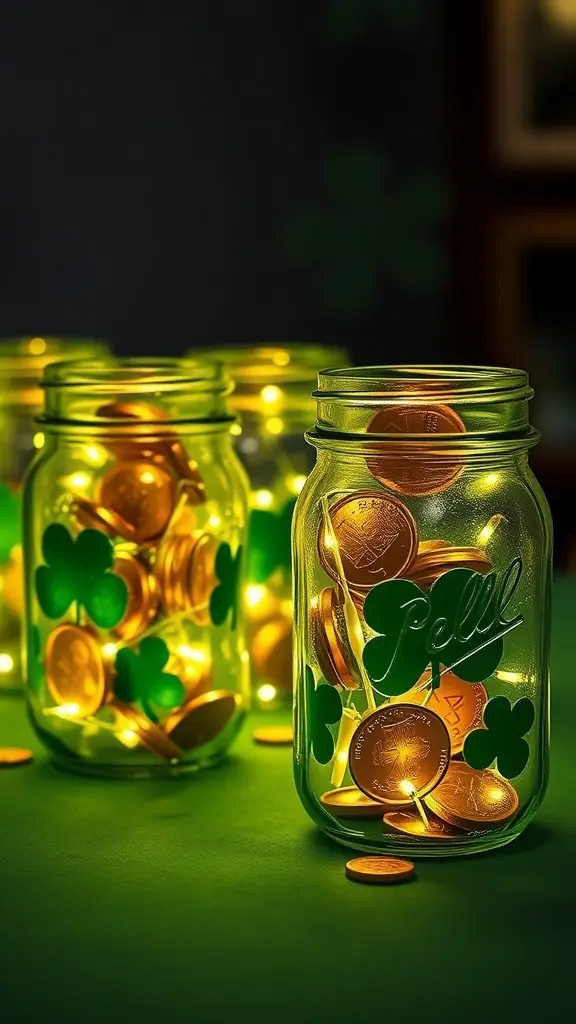 Mason jars filled with gold coins and fairy lights, decorated with green clovers for St. Patrick's Day.