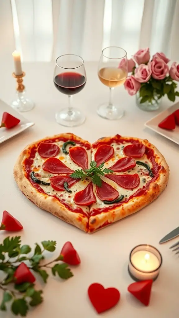 23+ Heart-Shaped Food Ideas 9 Heart-shaped pizza on a romantic table setting with wine and roses.