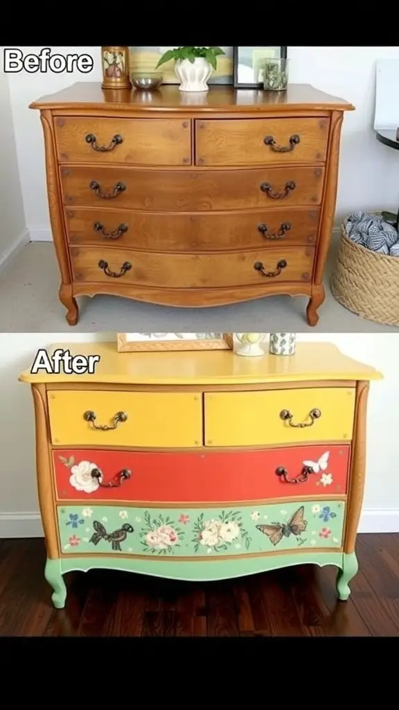 Before and after image of a dresser makeover, showing a plain wood dresser transformed into a colorful floral design.
