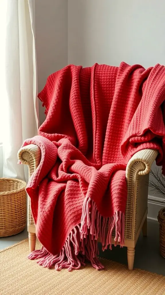 29+ Charming Farmhouse Valentine Decor Ideas You’ll Love 15 A red throw blanket draped over a chair, creating a cozy atmosphere.