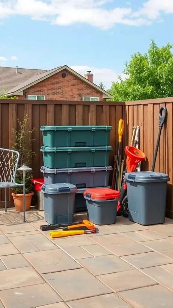 A collection of stackable storage containers in various colors arranged neatly on a patio.