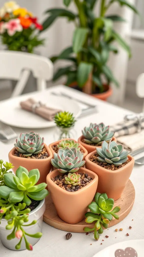 23+ Stunning Valentine's Day Centerpiece Ideas for a Romantic Atmosphere 8 A charming arrangement of succulent plants in terracotta pots on a table, perfect for a Valentine's Day centerpiece.