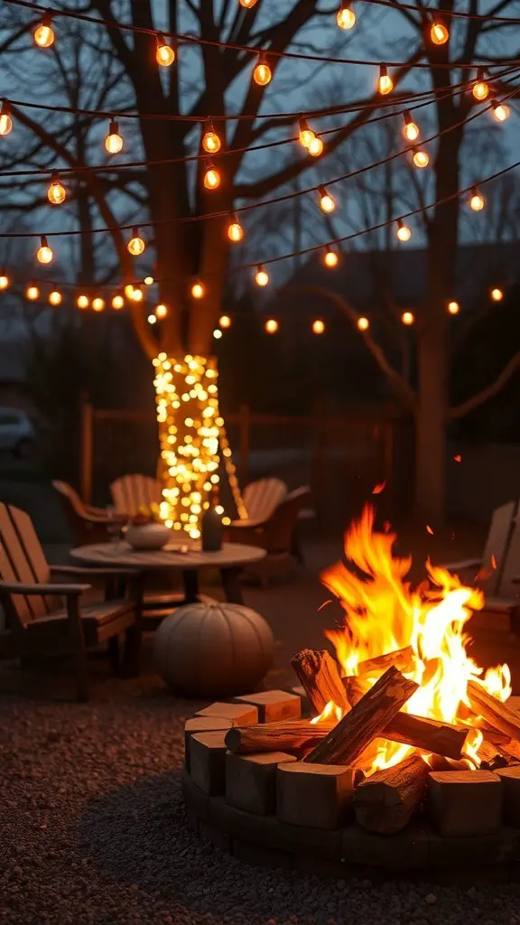 A cozy fire pit surrounded by string lights and seating in a backyard setting.
