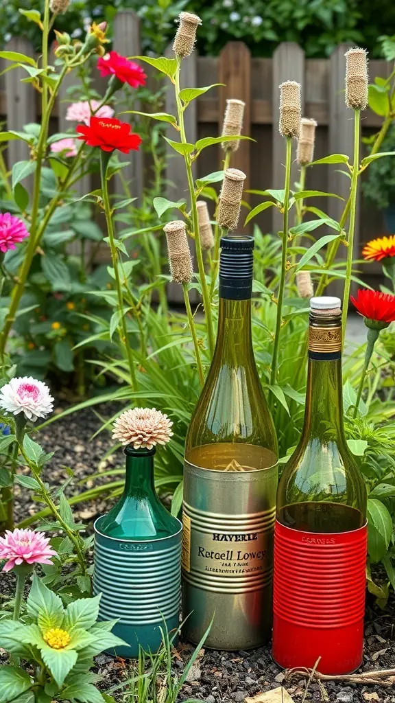 Upcycled garden decor featuring colorful bottles and cans as flower vases