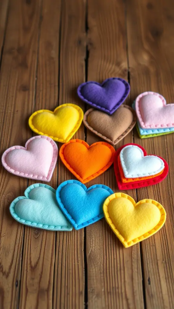 Colorful felt heart coasters arranged on a wooden surface.
