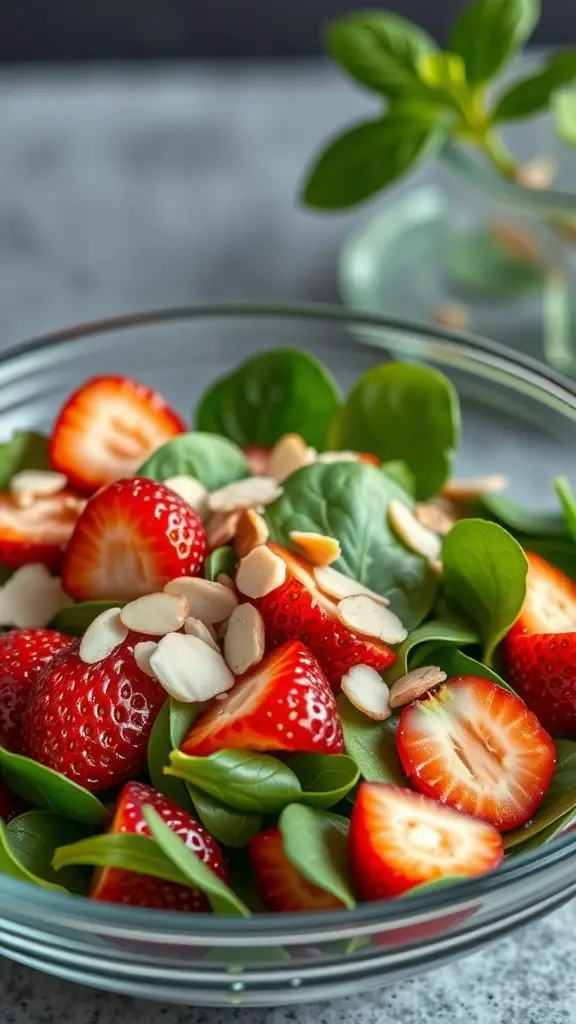 A fresh Strawberry Spinach Salad with sliced strawberries and almonds in a bowl.