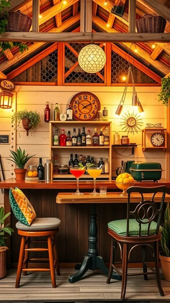 27+ Creative Party Shed Ideas 6 A cozy vintage bar shed with cocktails, wooden shelves, and warm lighting.