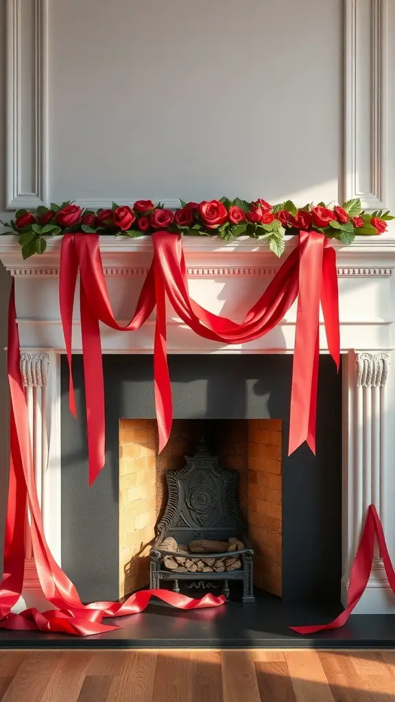 A fireplace decorated with red silk ribbons and roses