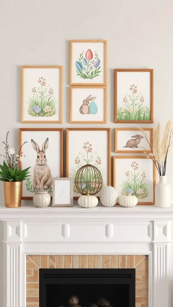A collection of Easter-themed artwork displayed on a mantle, featuring bunnies, eggs, and flowers in wooden frames.