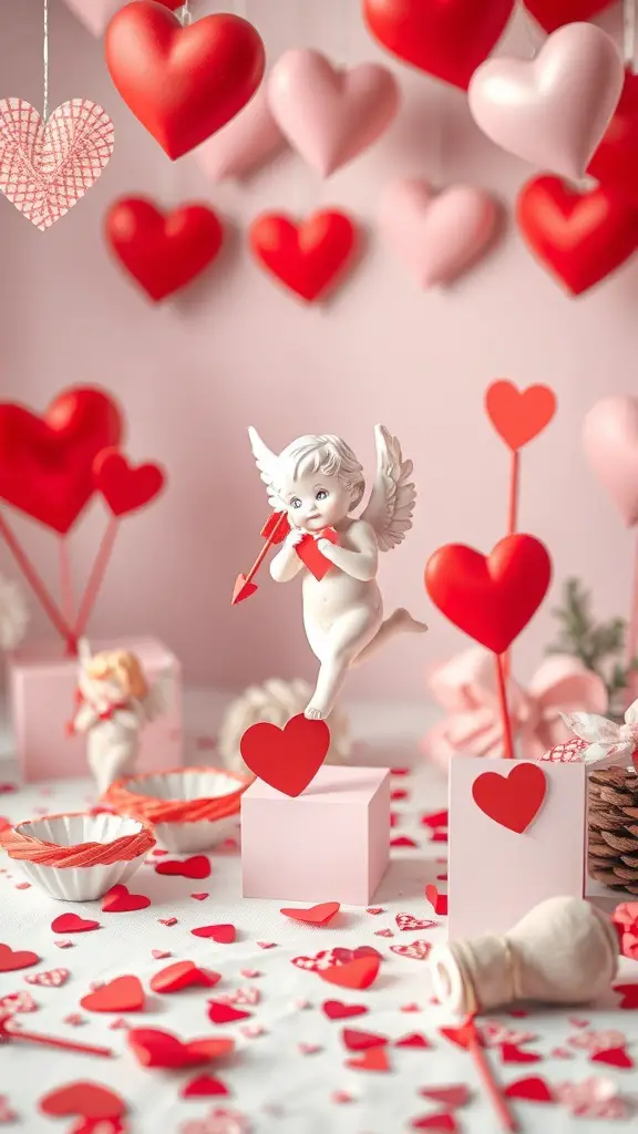 A cute Cupid figurine holding a red arrow surrounded by red and pink heart decorations.