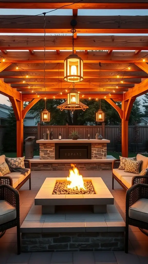 A cozy fire pit with a pergola cover, surrounded by comfortable seating and warm lighting.