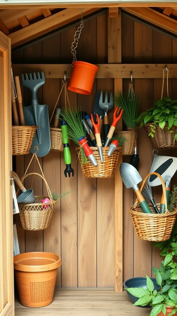 A garden shed interior featuring hanging baskets filled with gardening tools and plants.