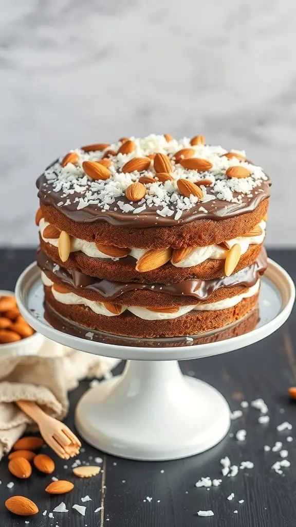 A beautifully layered Almond Joy Cake topped with almonds and coconut.