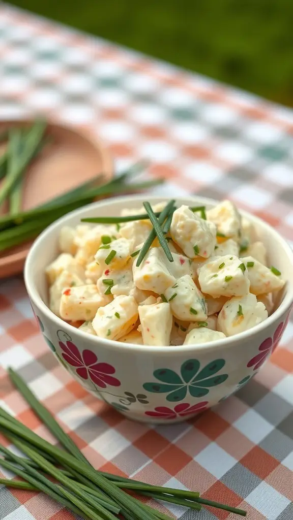 A bowl of creamy potato salad with chives on a picnic table.