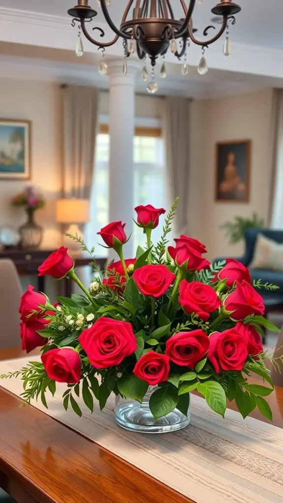 A beautiful floral centerpiece featuring vibrant red roses in a clear glass vase, placed on a wooden table in a cozy living room.