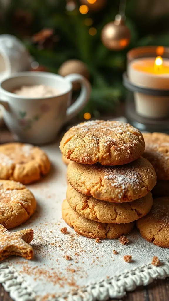 A stack of cinnamon sugar cookies with a cup of hot cocoa and a candle in the background.