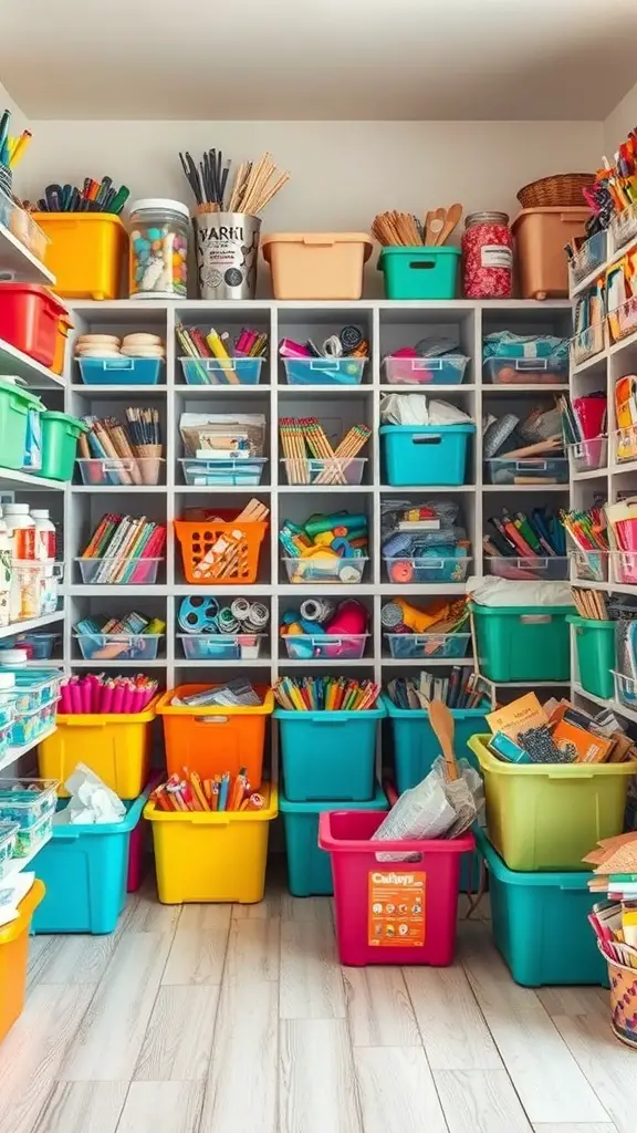 29+ Creative Bin Organization Ideas 14 A colorful craft room with organized bins filled with various craft supplies.