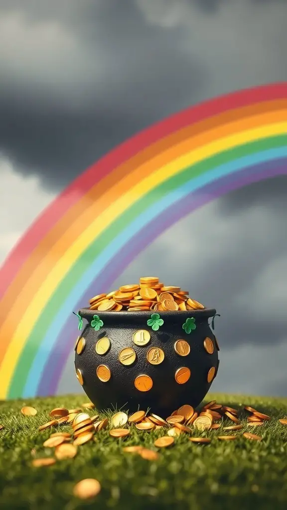 A pot of gold coins with a rainbow in the background