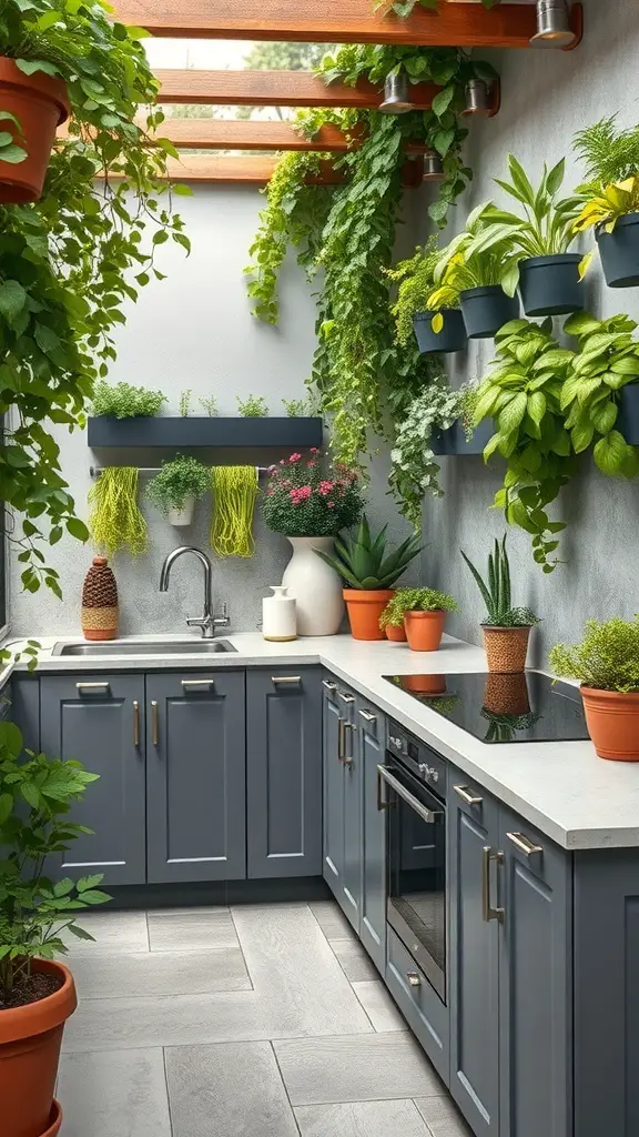 A modern terrace kitchen featuring vertical gardens with various plants in pots and wall-mounted planters.