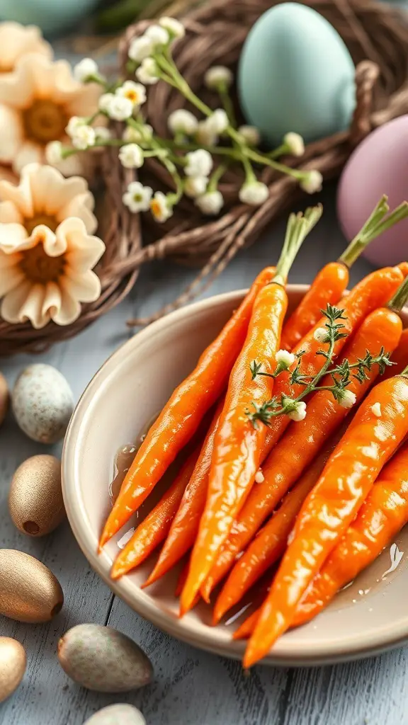 A plate of honey glazed carrots garnished with thyme, surrounded by Easter decorations.