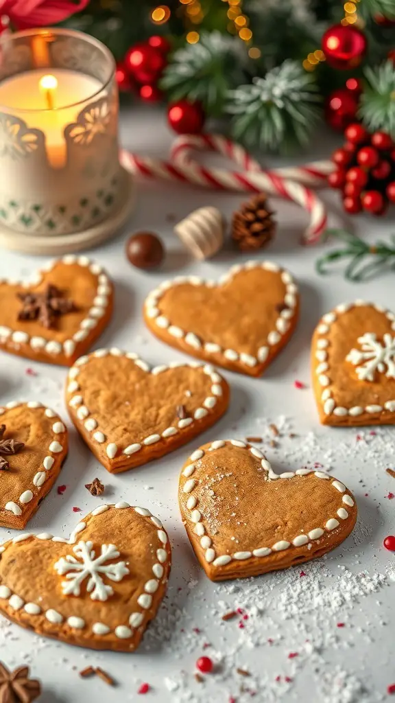 A collection of spiced gingerbread heart cookies decorated with icing, surrounded by festive holiday decorations.