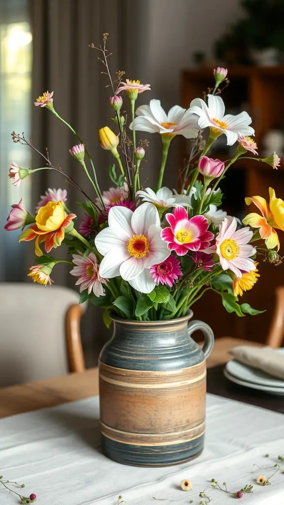 A vibrant floral centerpiece in a rustic vase, featuring a mix of colorful flowers.